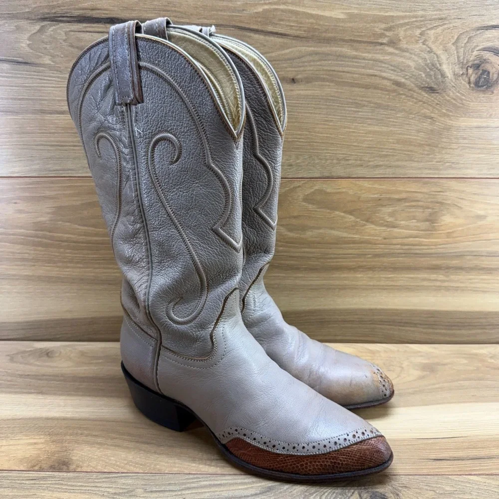 HONDO BOOTS Vintage Boots Womens 6.5 B Grey Greige Toe Overlay Rand Lizard